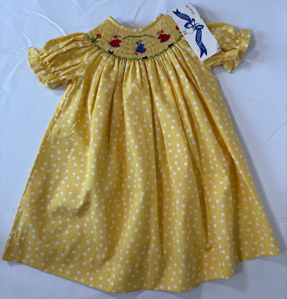 Silly Goose Charming Hand Smocked Bishop Dress 18M Yellow Polka Dot NWT